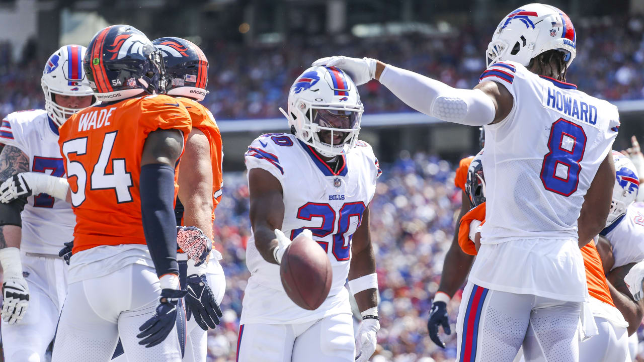 Buffalo Bills running back Zack Moss (20) on the sidelines during