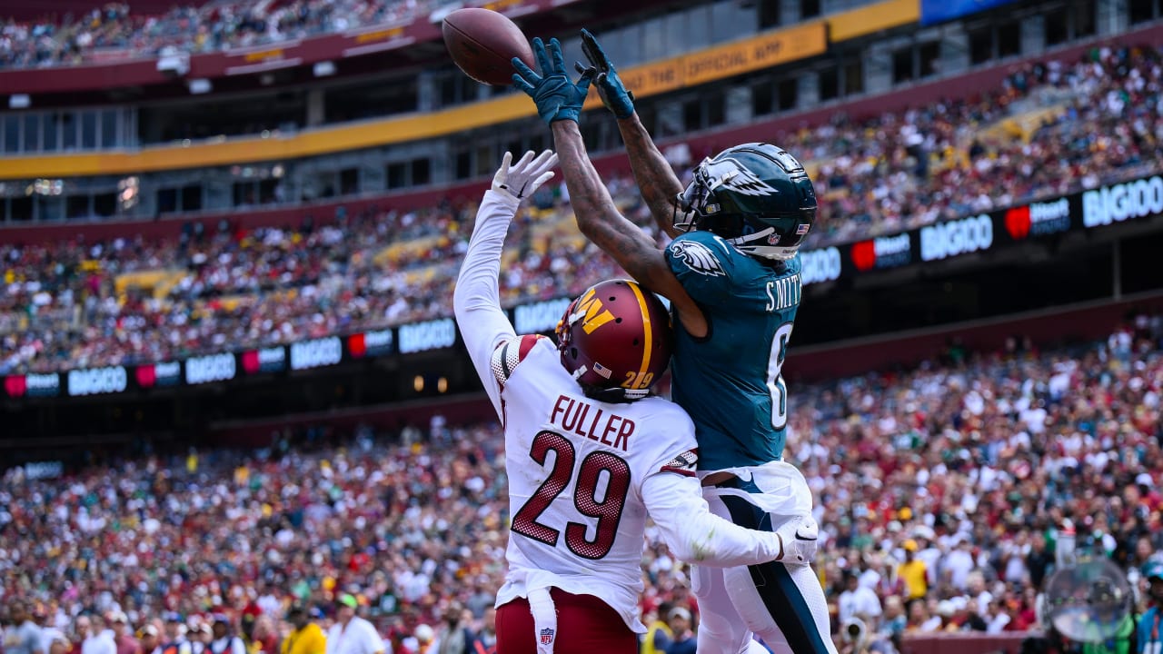 Philadelphia Eagles wide receiver DeVonta Smith climbs the ladder on