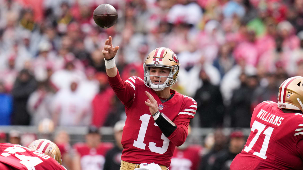 San Francisco 49ers quarterback Brock Purdy zips 25-yard sideline pass to  wide-open wide receiver Brandon Aiyuk