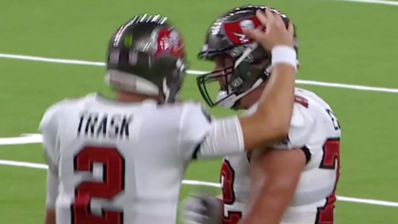 Tampa Bay Buccaneers rookie quarterback Kyle Trask locates Buccaneers wide  receiver Codey McElroy up the seam for a 20-yard touchdown