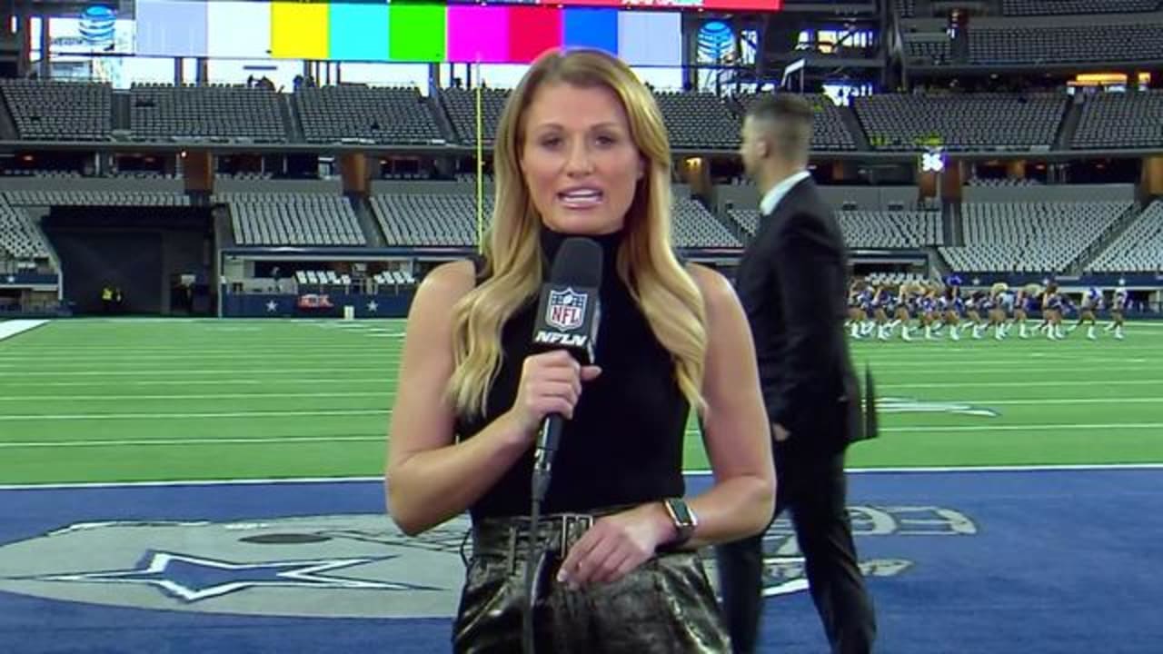 NFL Network reporter Jane Slater interviews works from the end zone after  an NFL football game between the Minnesota Vikings and Dallas Cowboys in  Arlington, Texas, Sunday, Nov. 10, 2019. (AP Photo/Michael