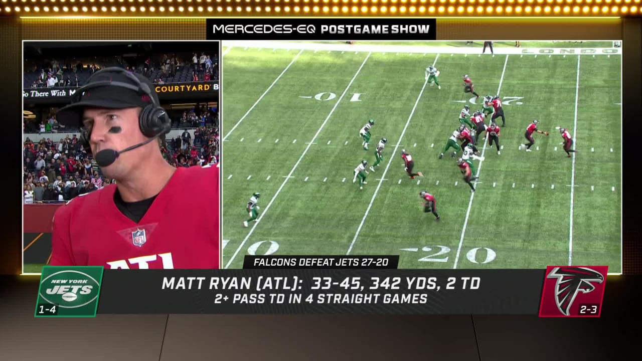 Atlanta Falcons quarterback Matt Ryan reacts to passing Eli Manning for