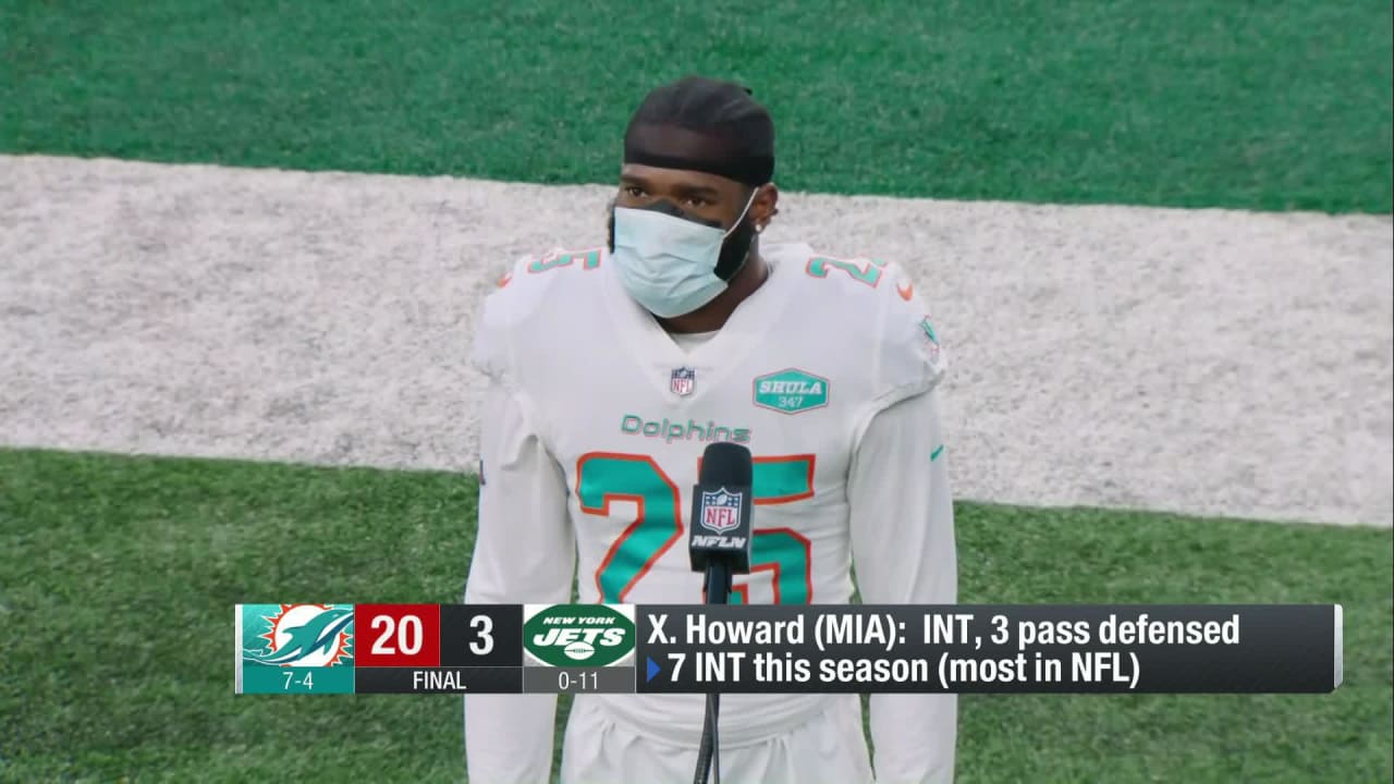 Miami Dolphins cornerback Xavien Howard reacts to Week 12 win vs. the New  York Jets