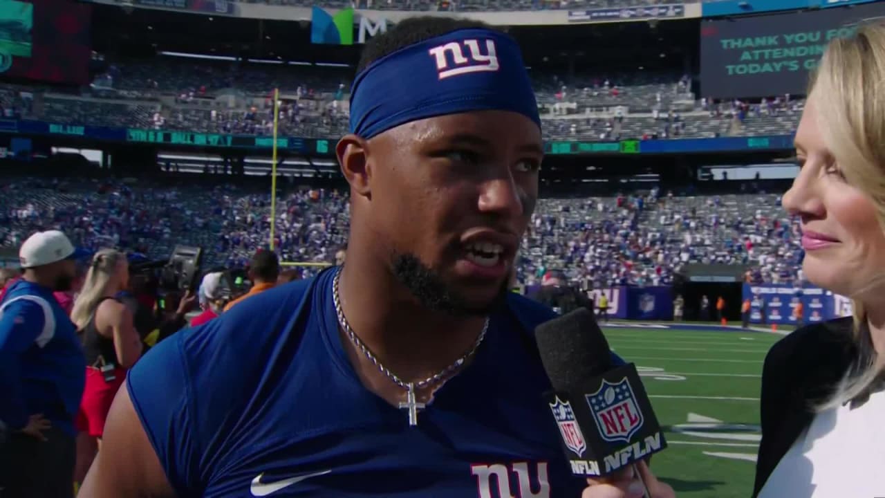 New York Giants running back Saquon Barkley reacts to Giants' Week 2 ...