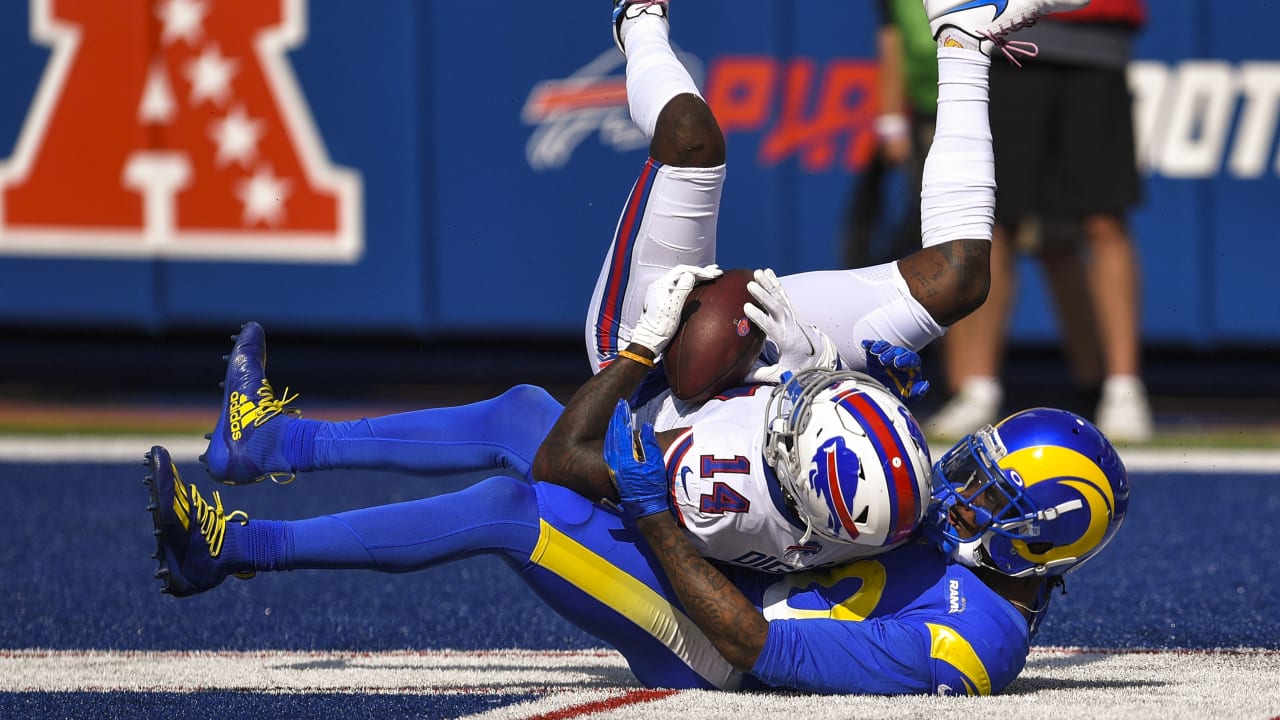 Buffalo Bills wide receiver Stefon Diggs beats Los Angeles Rams cornerback  Jalen Ramsey for a touchdown in the back of the end zone