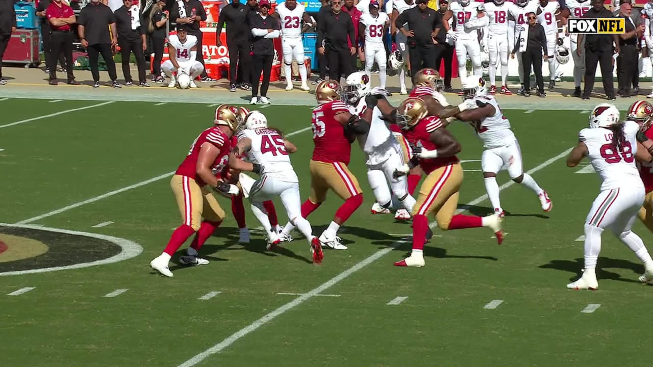 San Francisco 49ers defensive tackle Javon Hargrave corrals Arizona  Cardinals quaterback Joshua Dobbs for 49ers' first sack of game