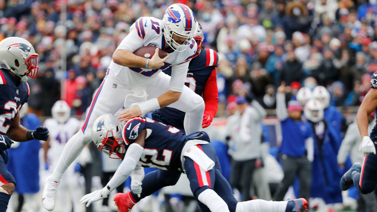 Buffalo Bills quarterback Josh Allen leapfrogs over Pats DB on 25