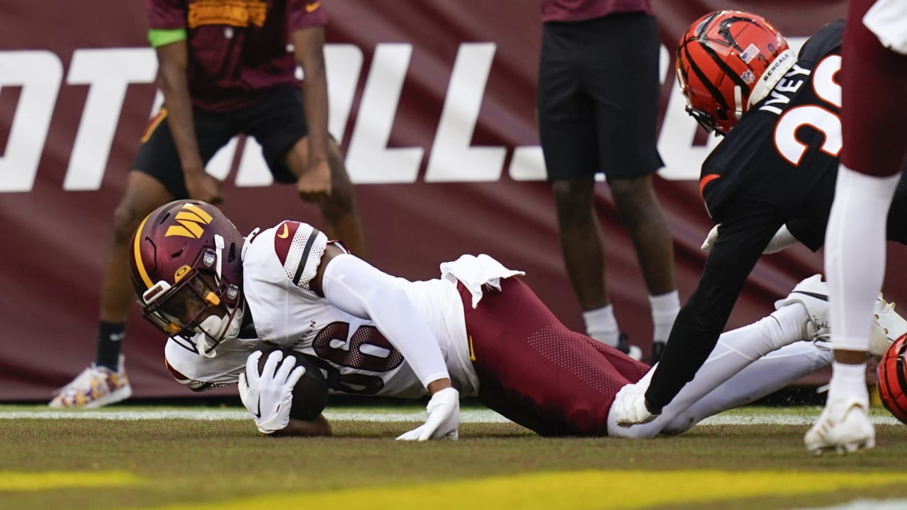 August 26th 2023: Washington Commanders wide receiver Mitchell Tinsley (86)  makes a catch and scores a touchdown during the NFL game between the  Cincinnati Bengals and the Washington Commanders in Landover, MD.