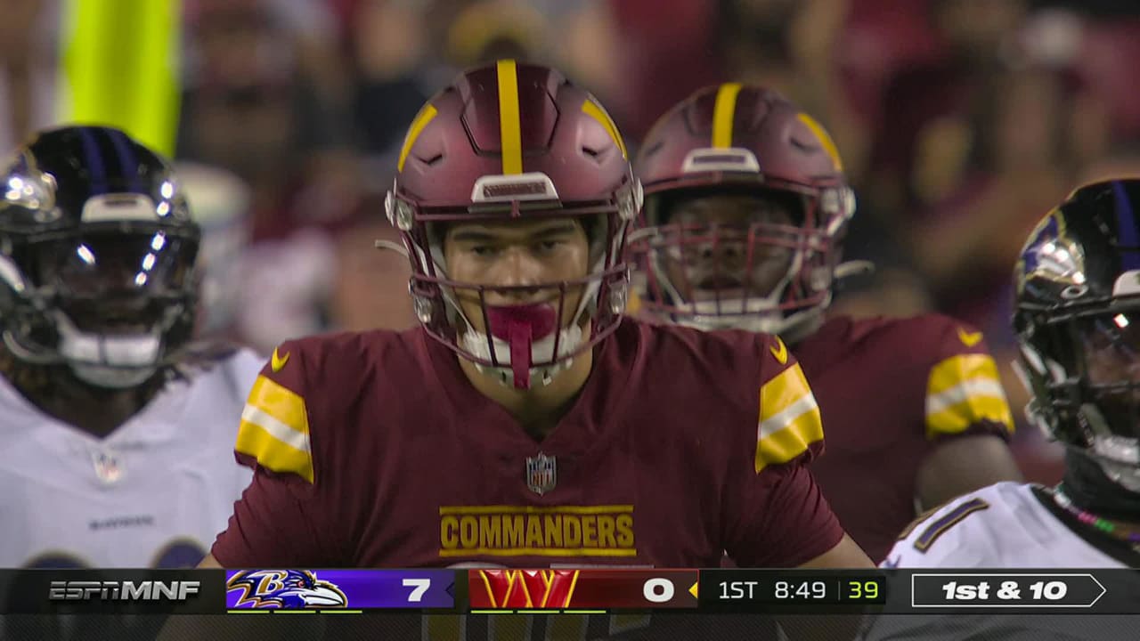 Washington Commanders quarterback Sam Howell extends drive with a tight end  Cole Turner 16-yard connection