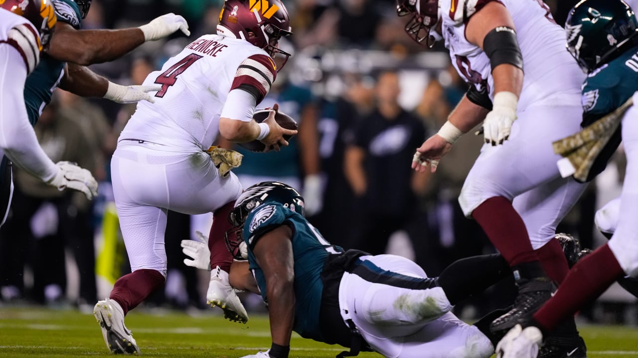 Trio of Philadelphia Eagles overwhelm Washington Commanders quarterback  Taylor Heinicke to tune of third-down sack