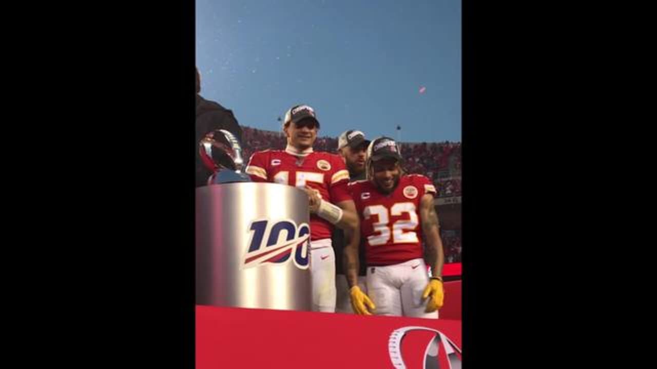 The Hunt family celebrates AFC Championship Game win with Lamar Hunt Trophy