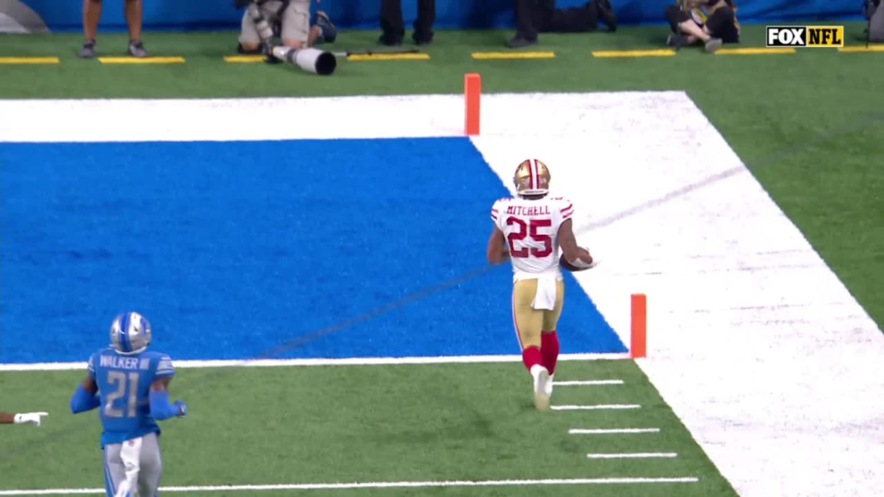 San Francisco 49ers running back Eli Mitchell leaves Lions in the dust on  38-yard TD run