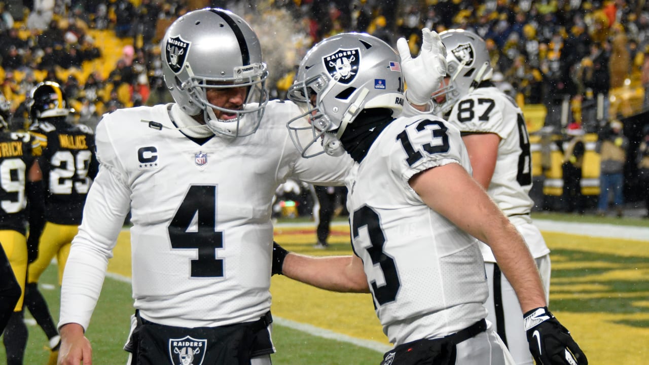 Las Vegas Raiders kick returner Hunter Renfrow catches the ball in front of  Salute To Service signage during the second half of an NFL football game  against the Los Angeles Chargers, Sunday