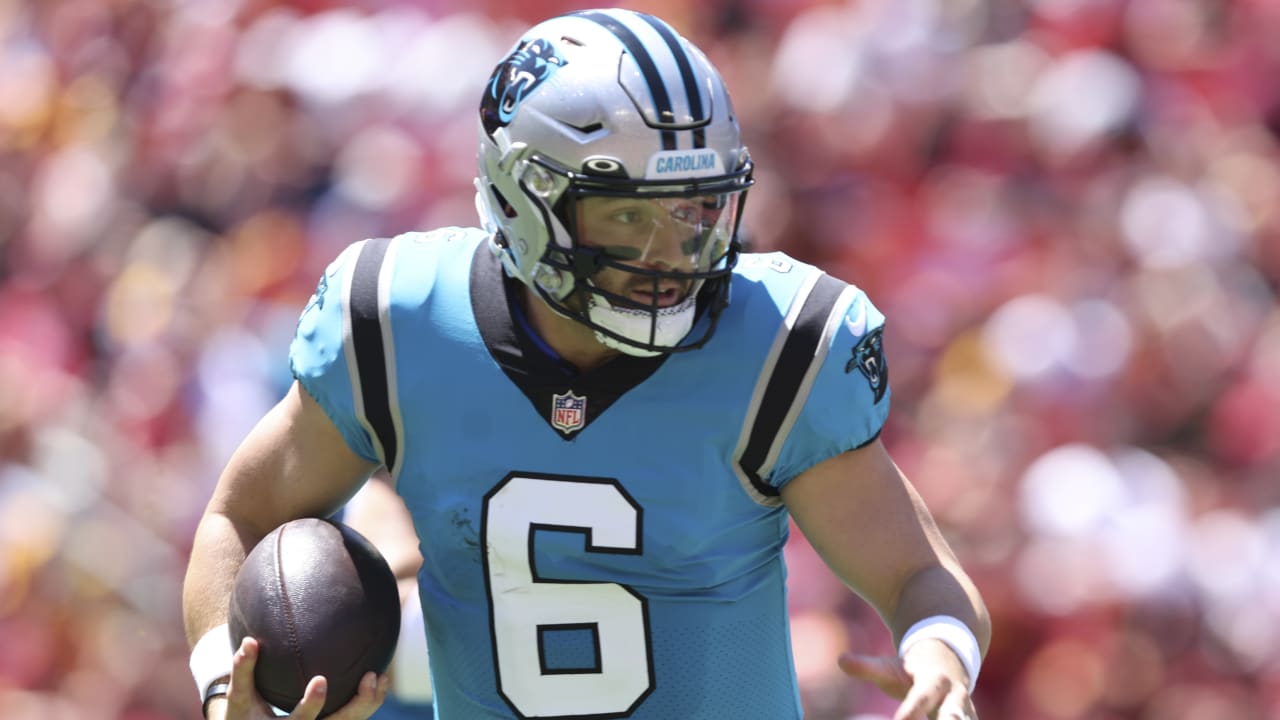 Baker Mayfield Carolina Panthers Game-Used #6 White Jersey vs. Arizona  Cardinals on October 2 2022