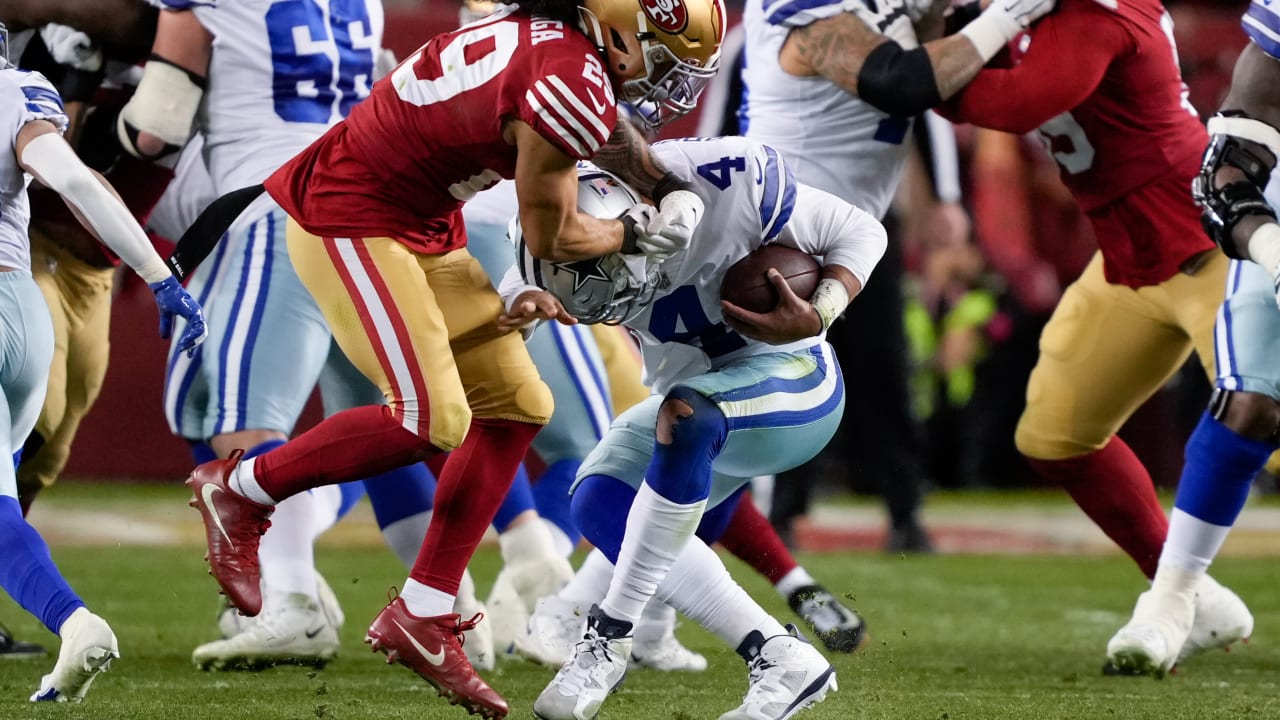 San Francisco 49ers safety Talanoa Hufanga shoots out of a cannon to tackle Dallas  Cowboys quarterback Dak Prescott for 4-yard loss