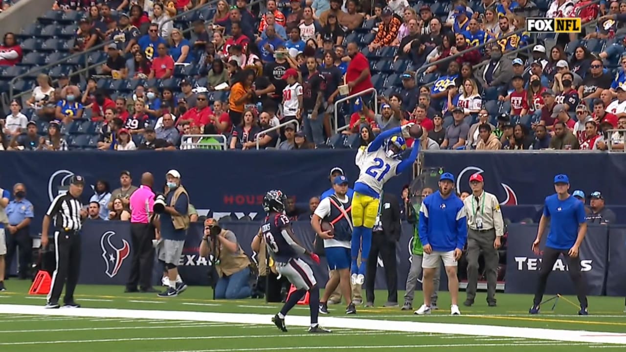 THOUSAND OAKS, CA - AUGUST 19: Los Angeles Rams cornerback Donte Deayon #21  looks in the interception during the Los Angeles Rams training camp on  August 19, 2020, at Cal Lutheran University