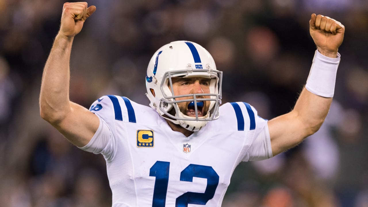 Indianapolis Colts punter Pat McAfee (1) talks to Jeff Saturday