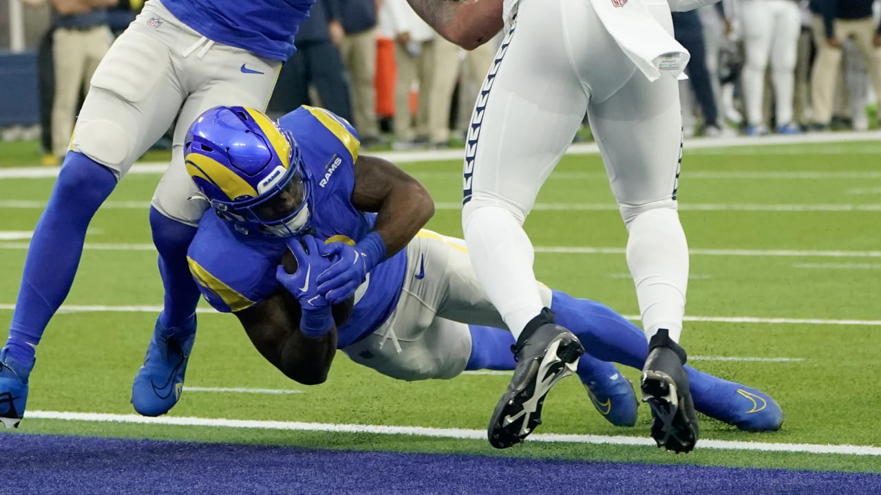 Los Angeles Rams running back Cam Akers spins across goal line for TD