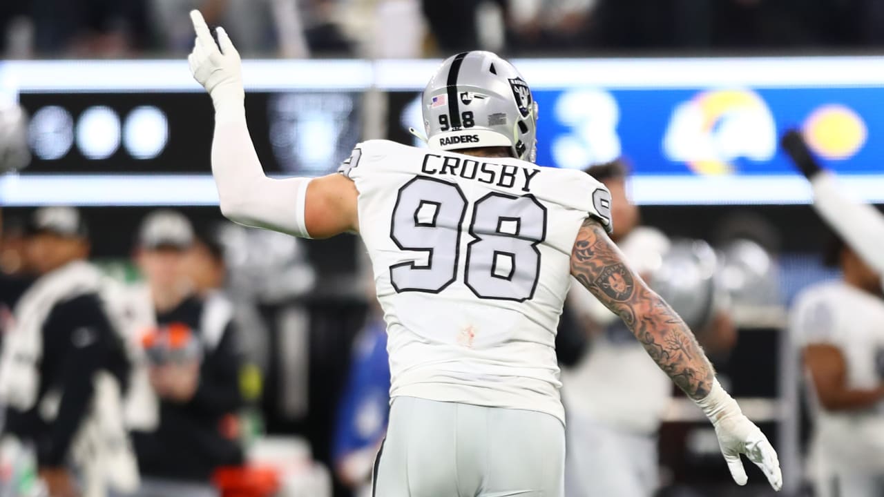 Las Vegas Raiders defensive end Maxx Crosby puts clamps on Los Angeles Rams  quarterback Baker Mayfield in a hurry for TFL on busted play