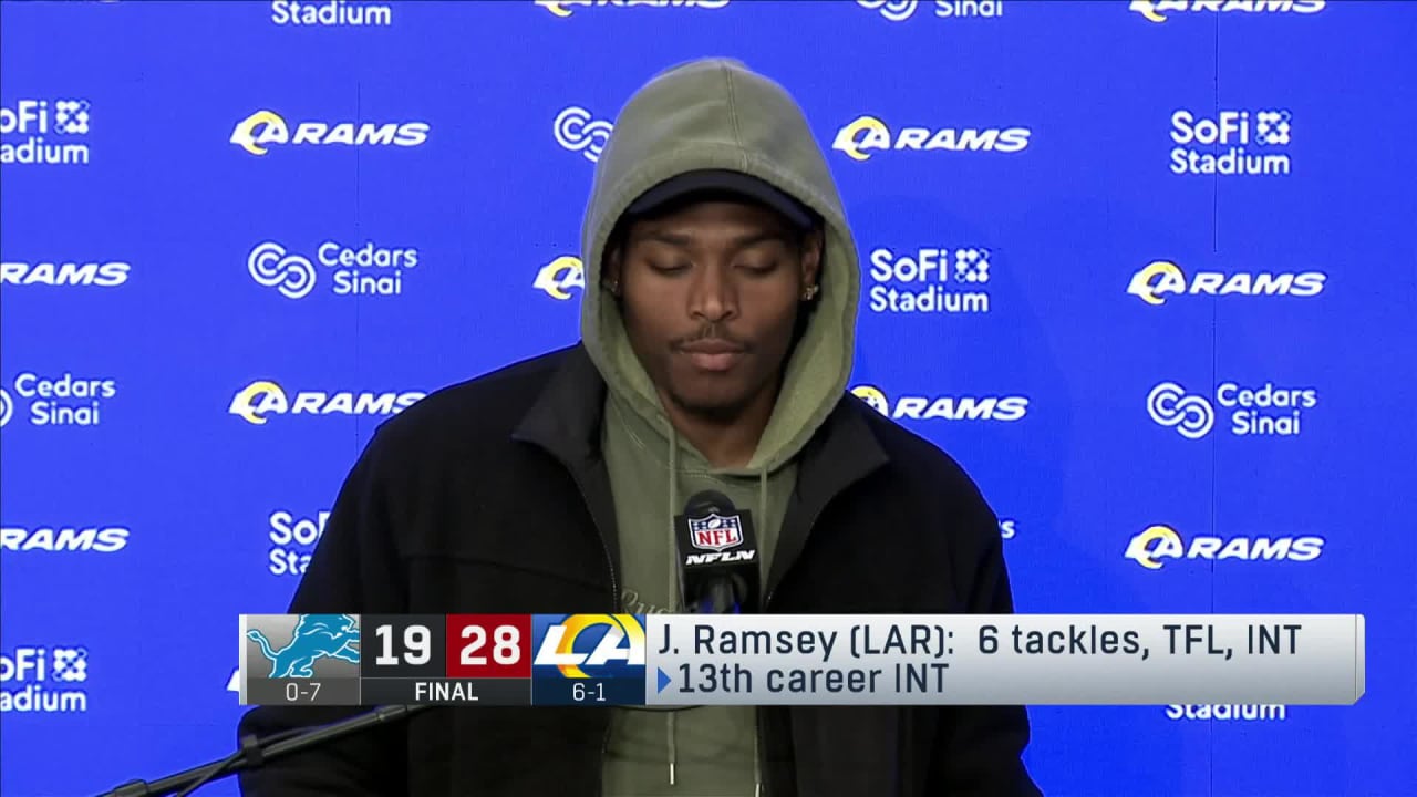 Los Angeles Rams cornerback Jalen Ramsey reacts to Rams performance