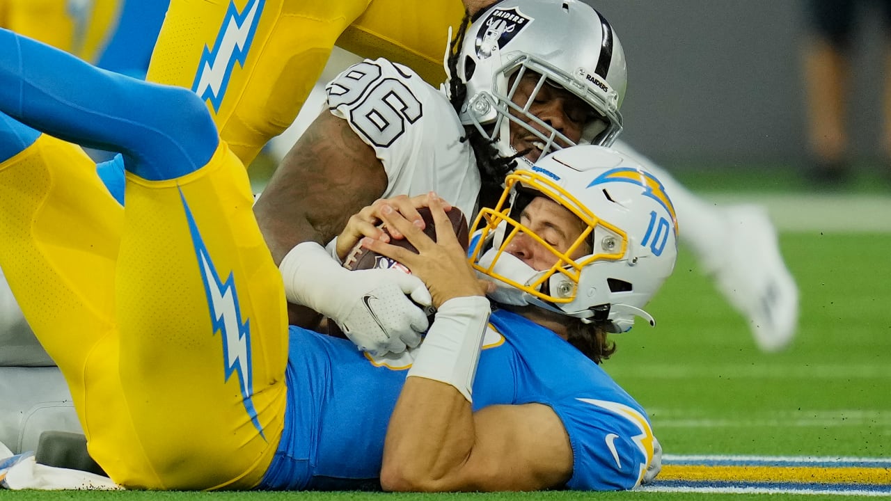 No one blocks Las Vegas Raiders defensive tackle Darius Philon on crushing  sack of Los Angeles Chargers quarterback Justin Herbert