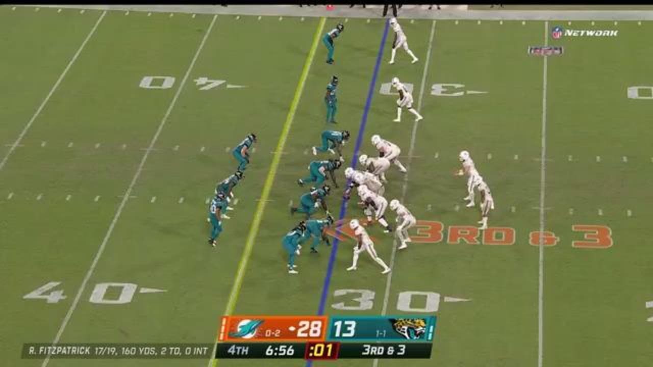 Miami Dolphins quarterback Ryan Fitzpatrick catches his own pass after