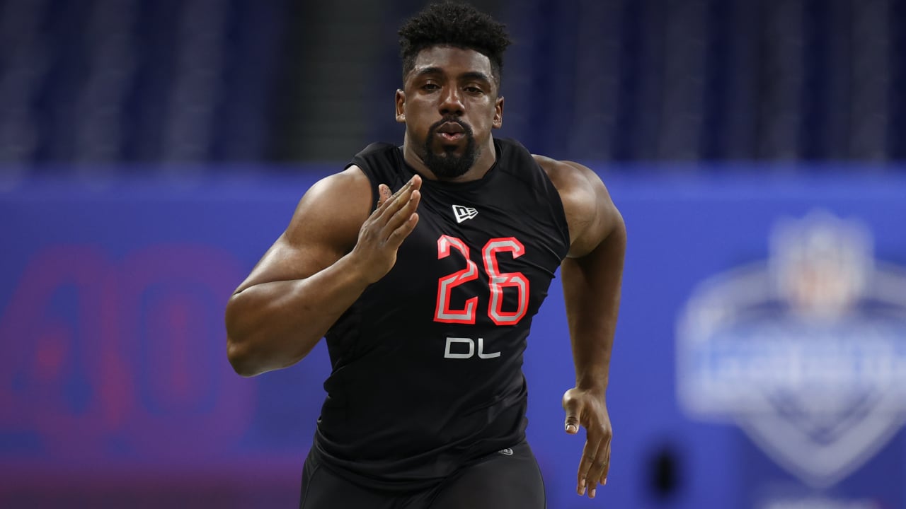 Thomas Booker #DL26 of Stanford runs a drill during the NFL Combine News  Photo - Getty Images