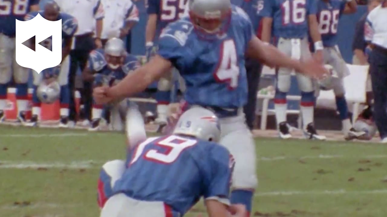 New England Patriots kicker Adam Vinatieri jumps for joy after