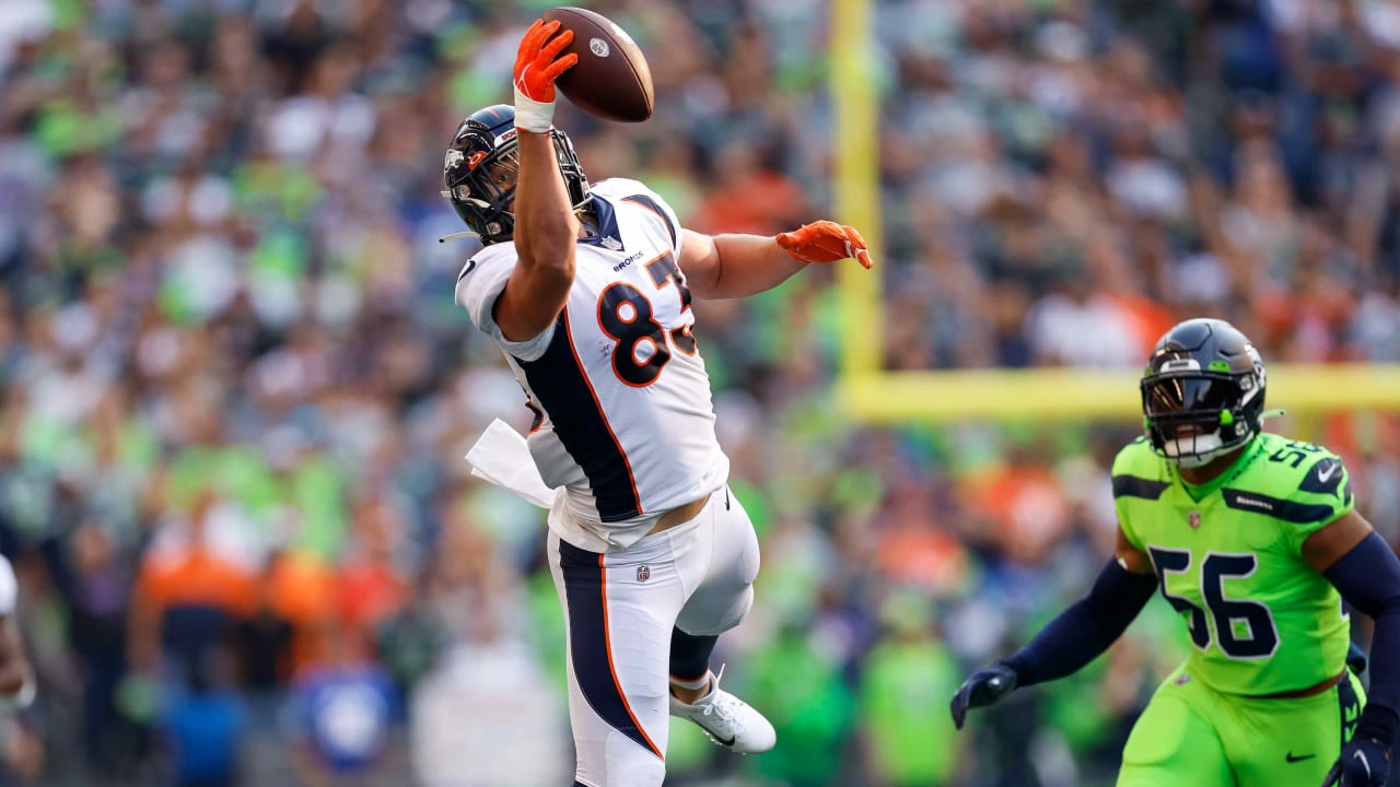 Denver Broncos tight end Andrew Beck (83) react to a call during