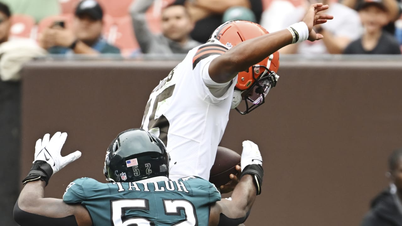 Cleveland Browns quarterback Joshua Dobbs (15) looks to hand off the ball  during an NFL pre-season football game against the Cleveland Browns,  Friday, Aug. 11, 2023, in Cleveland. (AP Photo/Kirk Irwin Stock