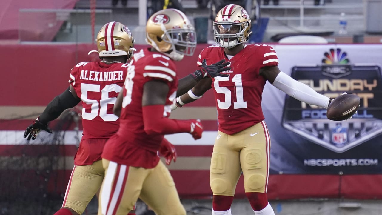 San Francisco 49ers linebacker Azeez Al-Shaair makes fingertip INT after  49ers pressure Philadelphia Eagles quarterback Carson Wentz