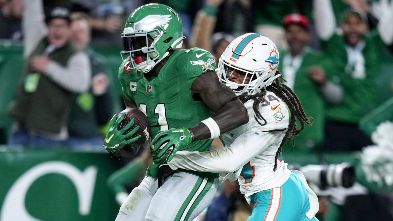 Philadelphia Eagles quarterback Jalen Hurts' 32-yard loft to Eagles wide  receiver A.J. Brown gets Eagles inside the Miami Dolphins' 1-yard line