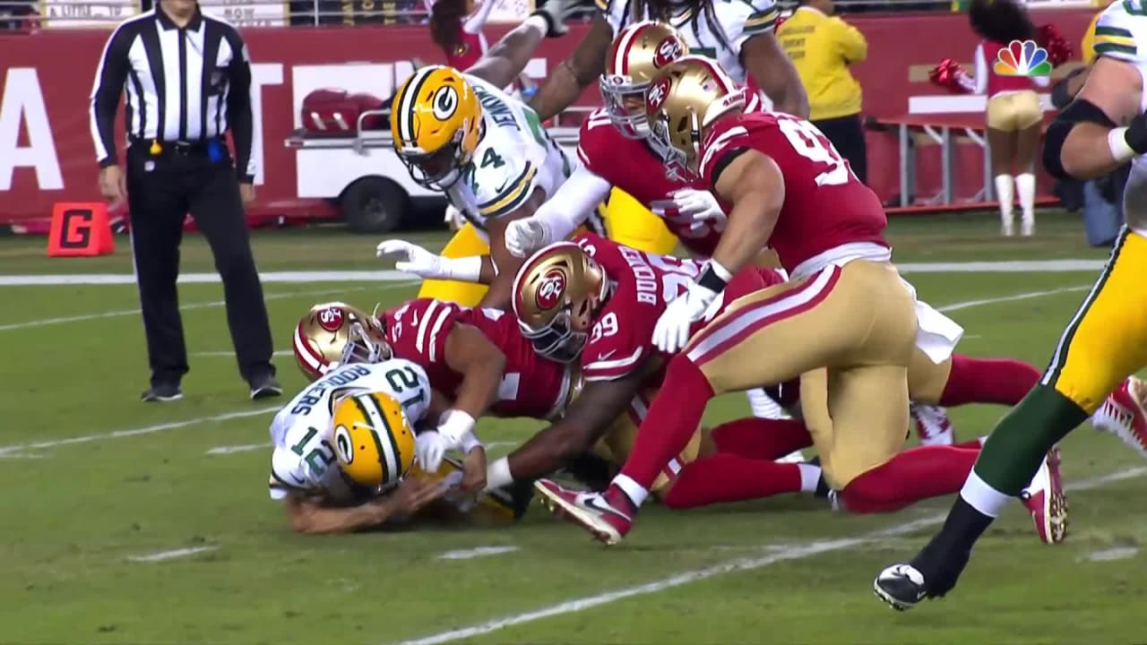 Niners swarm Aaron Rodgers for key early strip-sack