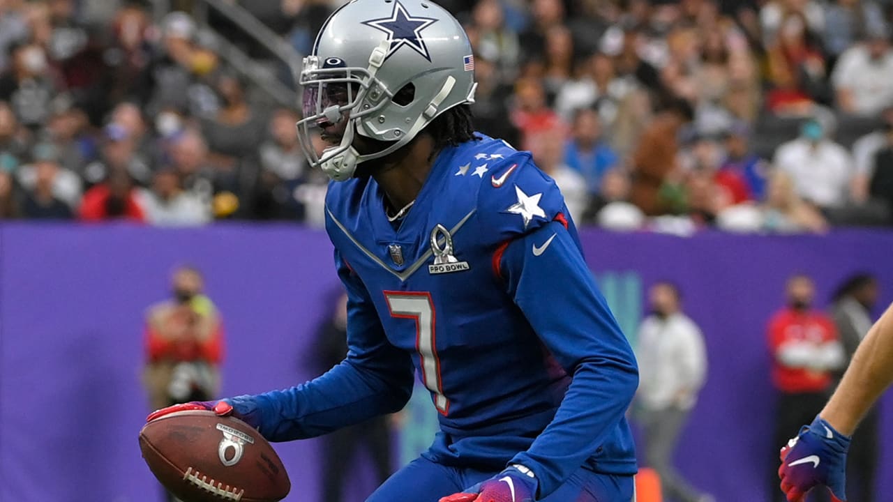 Dallas Cowboys cornerback Trevon Diggs picks off trick-play pass thrown by  brother Buffalo Bills wide receiver Stefon Diggs at Pro Bowl Games