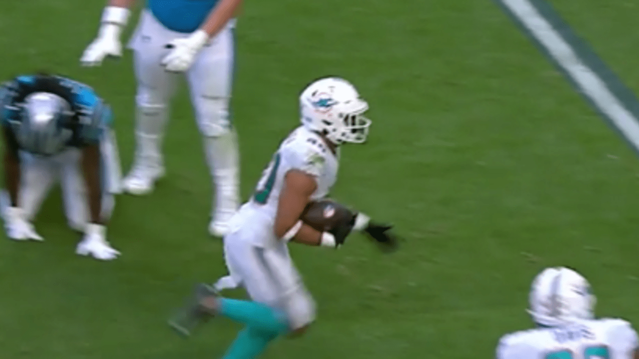 Miami Dolphins safety Nik Needham lays out for diving interception