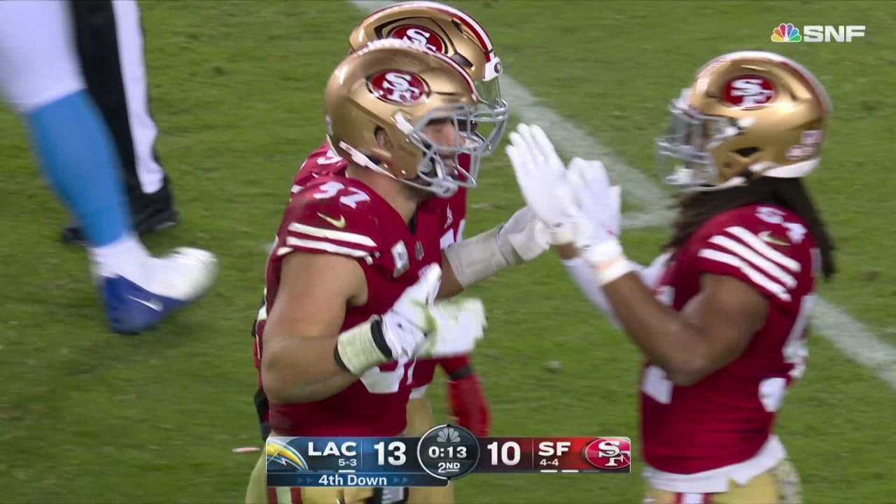 San Francisco 49ers defensive end Nick Bosa and Jordan Willis combine to  sack Los Angeles Chargers quarterback Chase Daniel