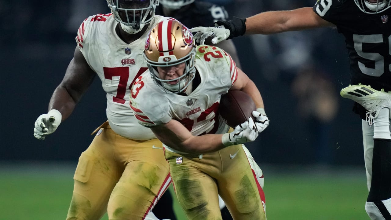 San Francisco 49ers running back Christian McCaffrey follows blockers ...