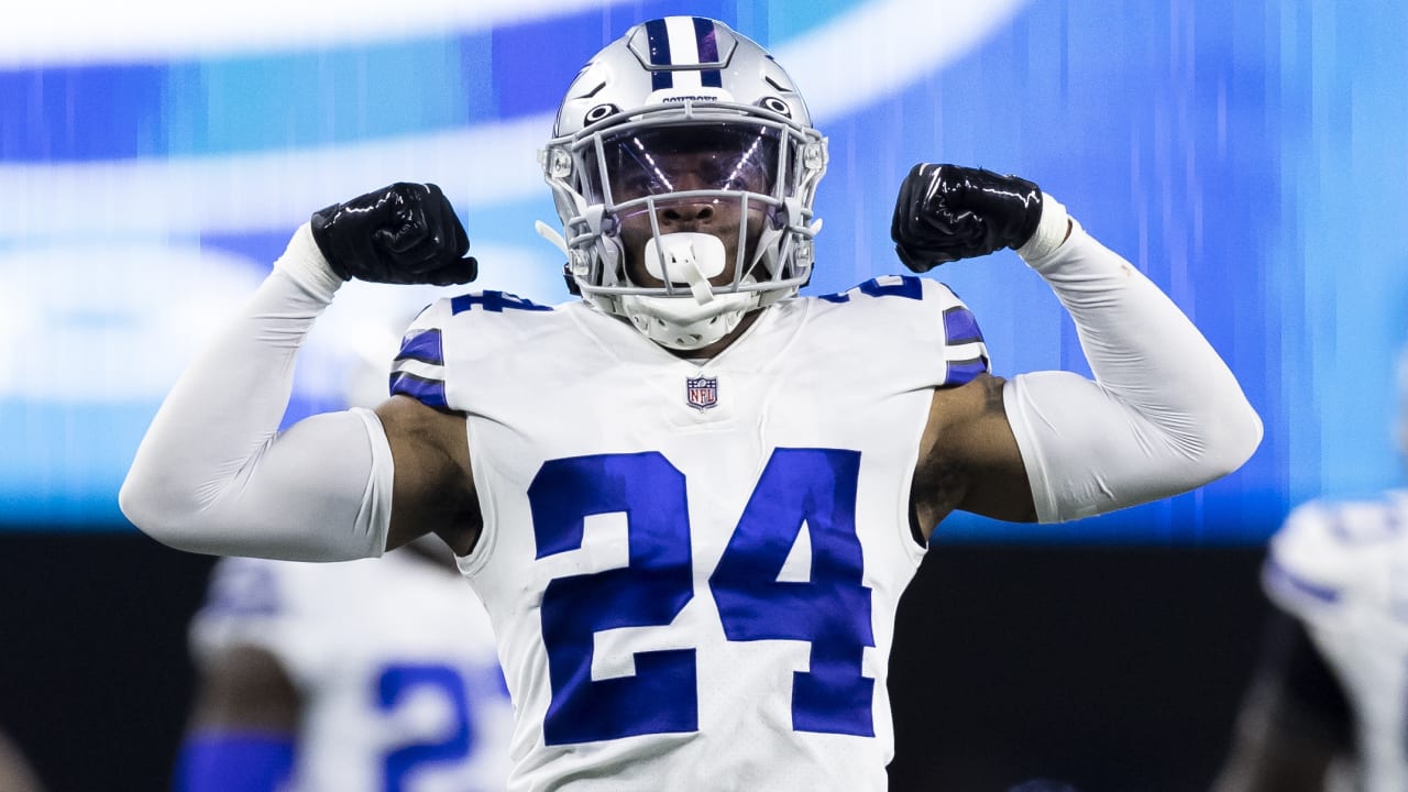 Dallas Cowboys cornerback Kelvin Joseph reacts during play against the  Washington Commanders in the first half of a NFL football game in  Arlington, Texas, Sunday, Oct. 2, 2022. (AP Photo/Ron Jenkins Stock