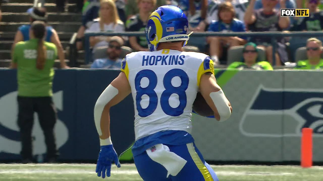 Los Angeles Rams tight end Brycen Hopkins makes a catch & breaks