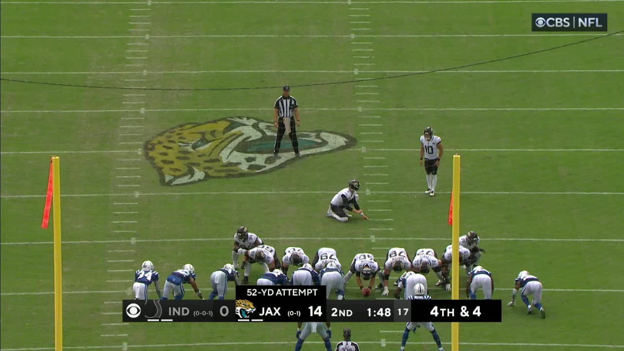 Jacksonville Jaguars place kicker Riley Patterson (10) in action during an  NFL football game against the