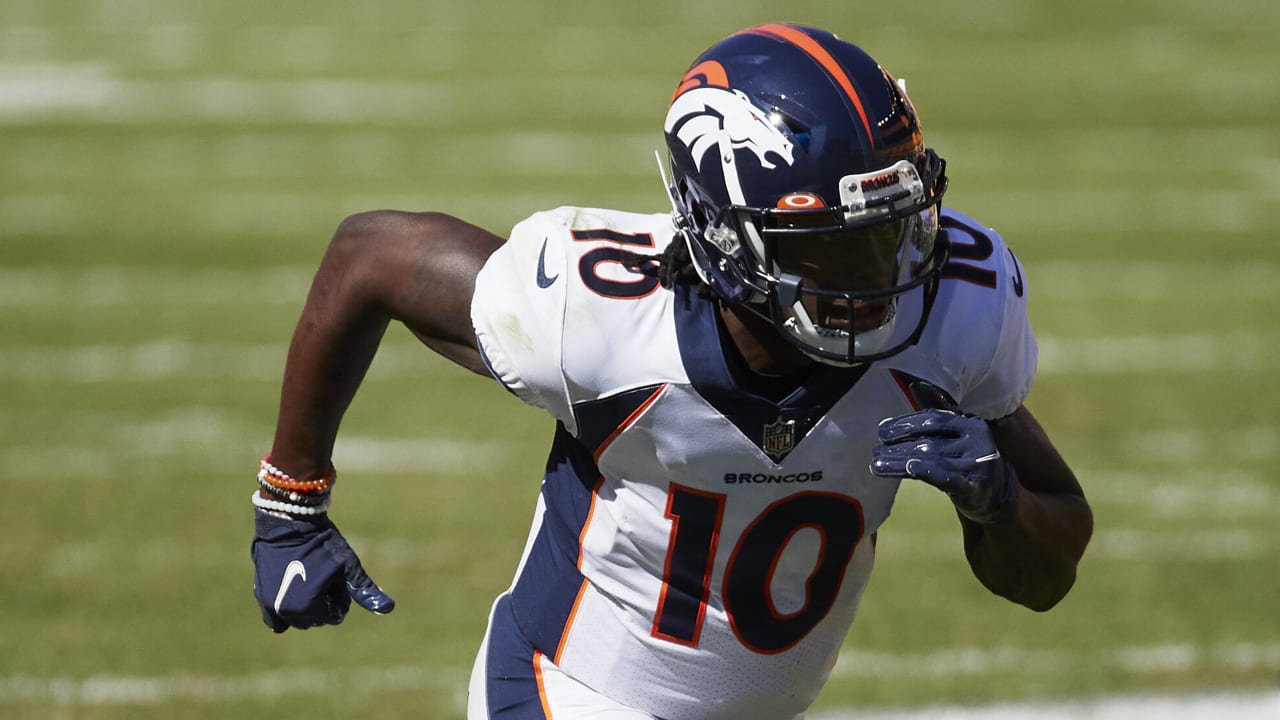 Denver Broncos wide receiver Jerry Jeudy stands on the sideline