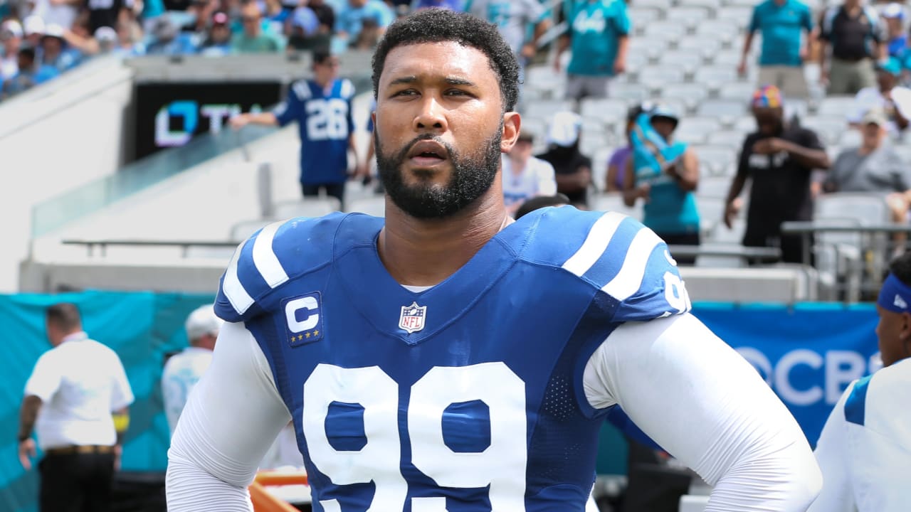 Indianapolis, Indiana, USA. 16th Oct, 2022. Indianapolis Colts defensive  lineman DeForest Buckner (99) during pregame of NFL football game action  between the Jacksonville Jaguars and the Indianapolis Colts at Lucas Oil  Stadium