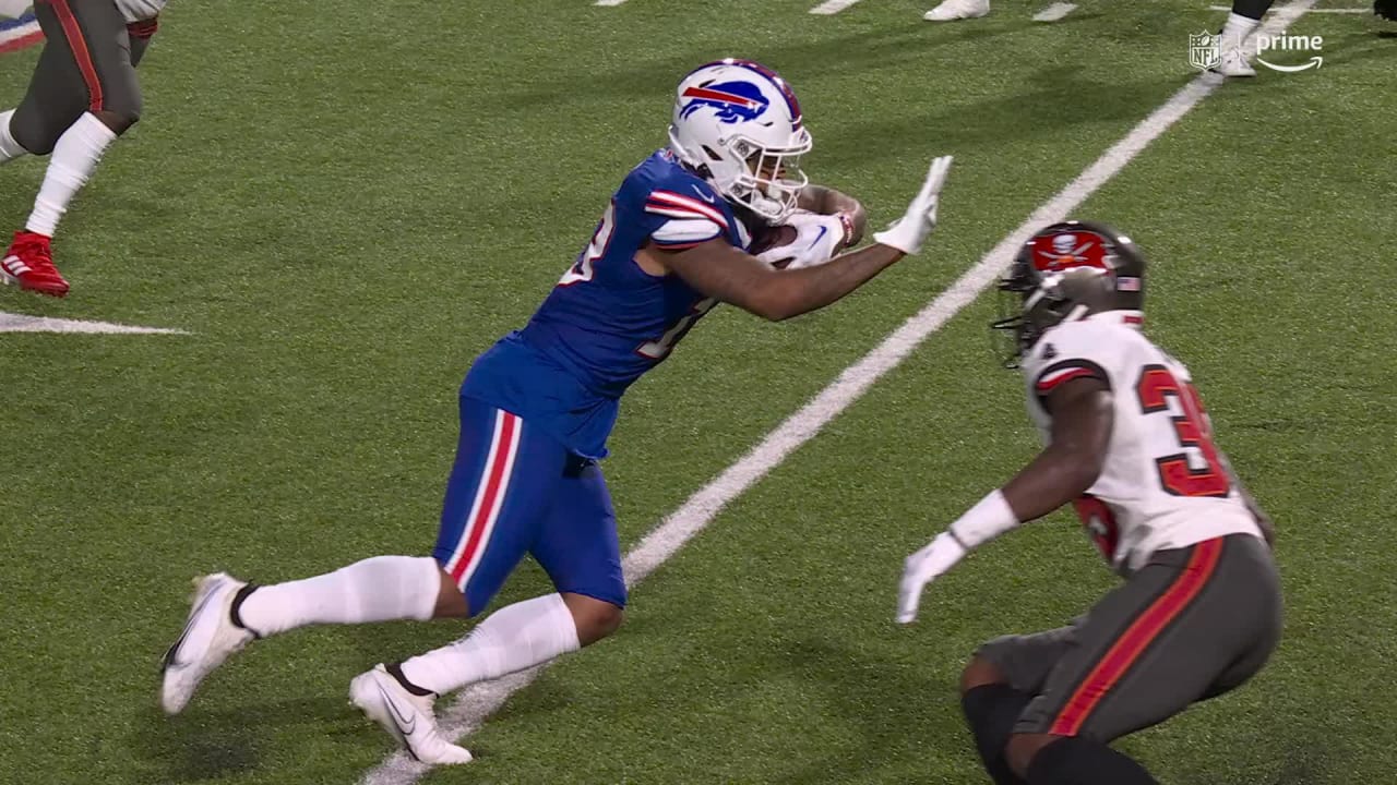 Buffalo Bills wide receiver Gabe Davis puts on a sideline juke move for ...