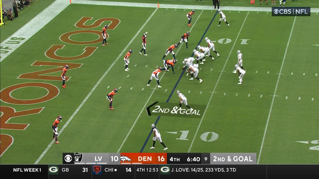 Las Vegas Raiders wide receiver Jakobi Meyers crosses goal line on 6yard TD catch to tie game