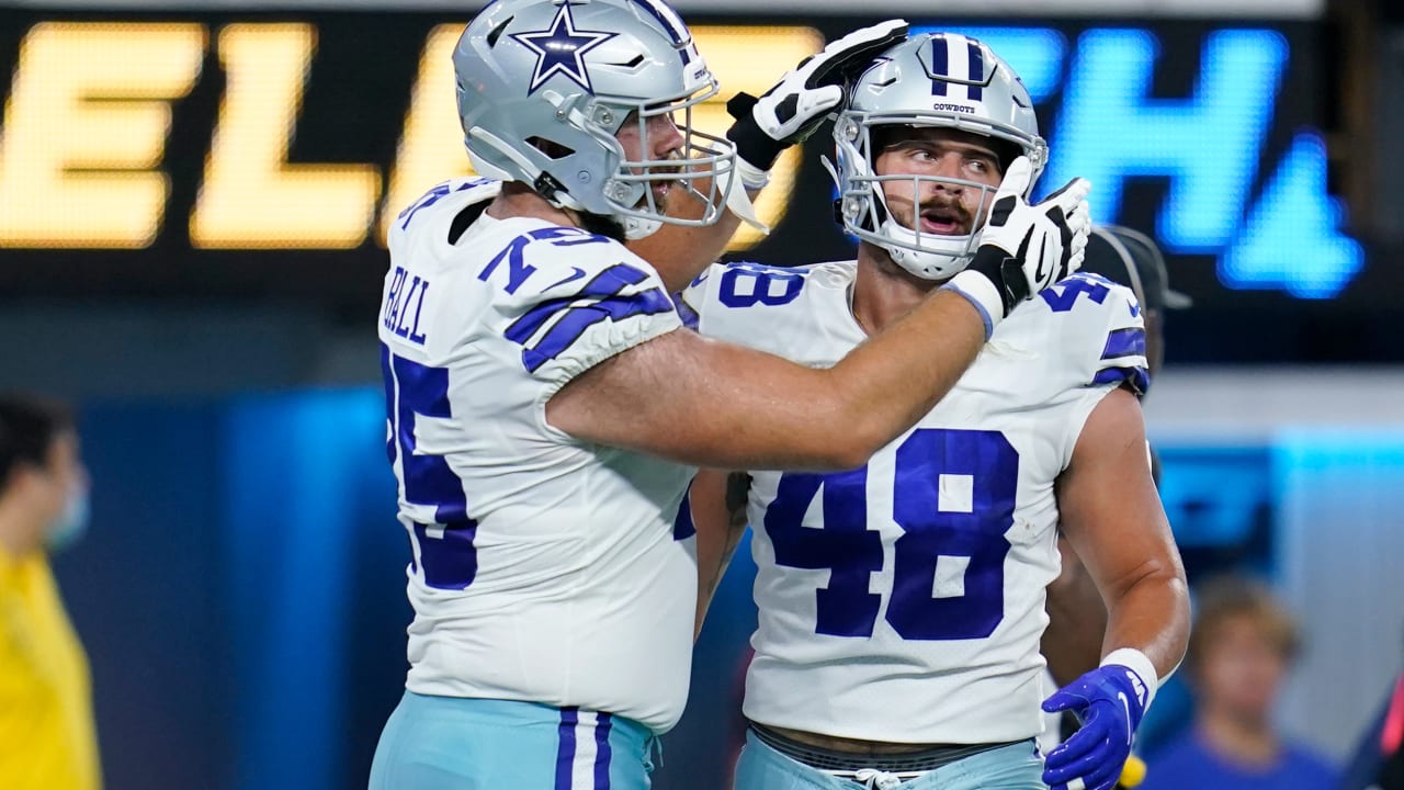 Dallas Cowboys tight end Jake Ferguson (87) runs after a catch during an  NFL wild-card football game against the Tampa Bay Buccaneers, Monday, Jan.  16, 2023, in Tampa, Fla. (AP Photo/Peter Joneleit