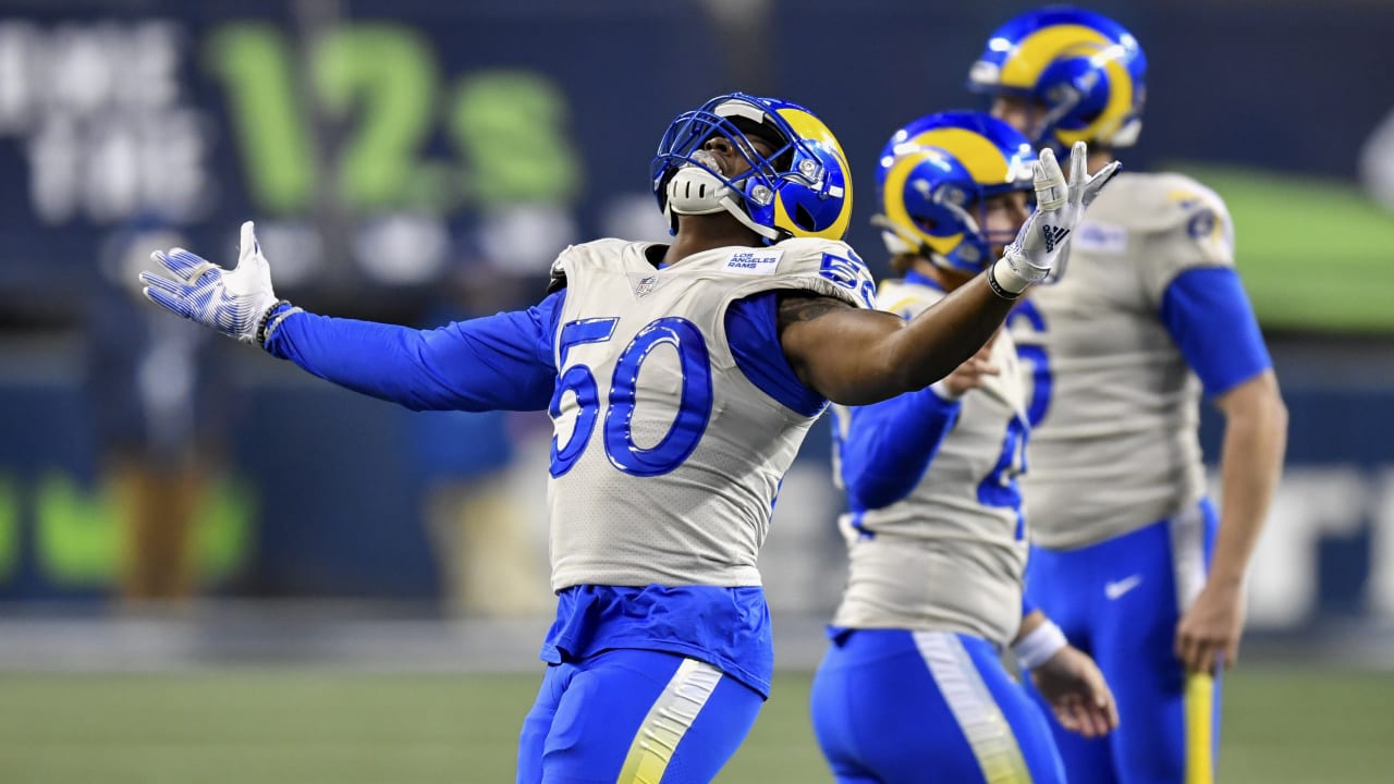 Los Angeles Rams outside linebacker Samson Ebukam punches ball from