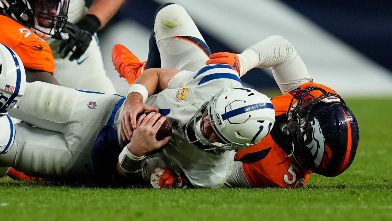 Denver Broncos linebacker Baron Browning's speedy O-Line crosser flushes  Indianapolis Colts quarterback Matt Ryan into sack