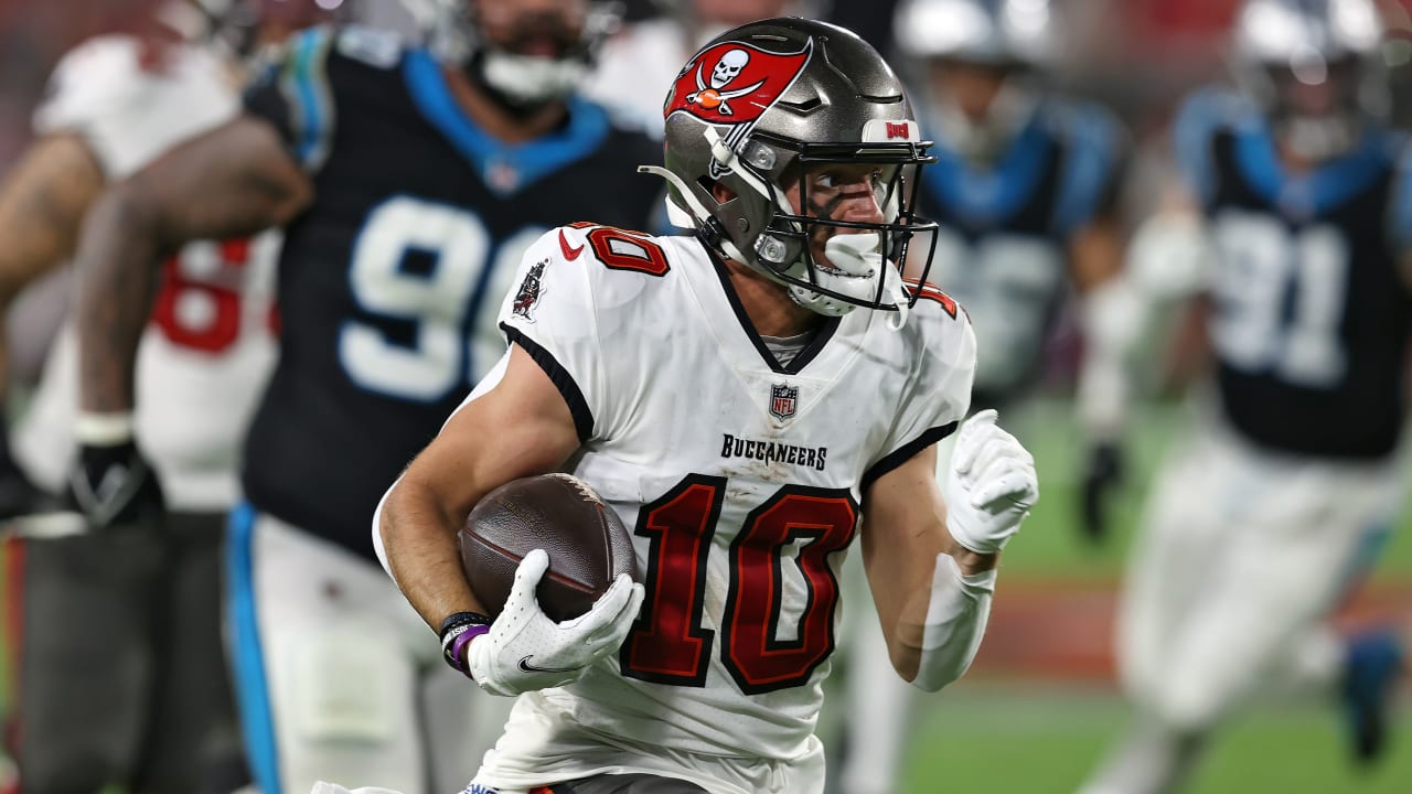 Tampa Bay Buccaneers wide receiver Scott Miller (10) runs the ball during  the second half of an NFL football game against the Atlanta Falcons,  Sunday, Dec. 20, 2020, in Atlanta. The Tampa