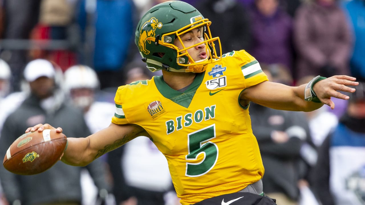 October 3, 2020: North Dakota State Bison quarterback Trey Lance (5) calls  out a play during a NCAA FCS football game between the Central Arkansas  Bears and the North Dakota State Bison