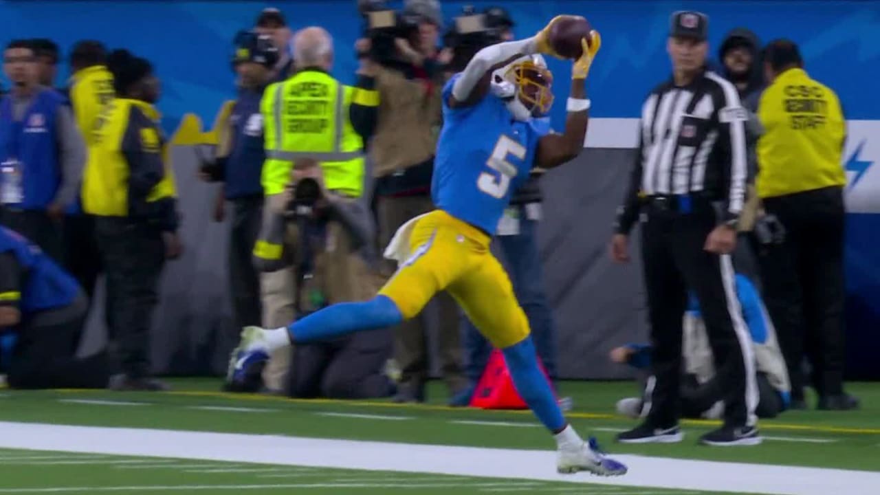Los Angeles Chargers wide receiver Josh Palmer toe-taps the sideline ...